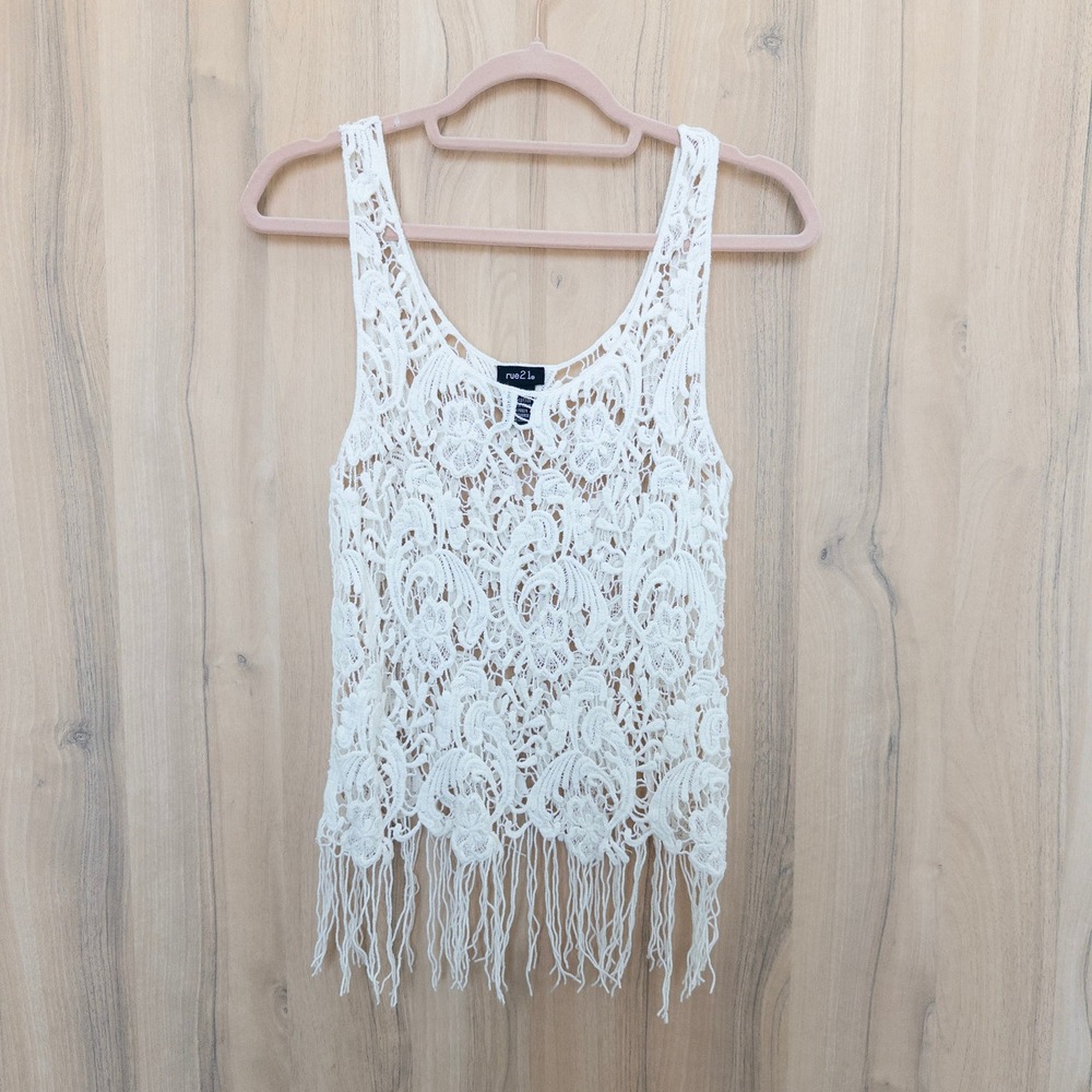 Crochet Fringe Sheer Top S/M White Floral Festival Boho Cottage Coastal Hippie
